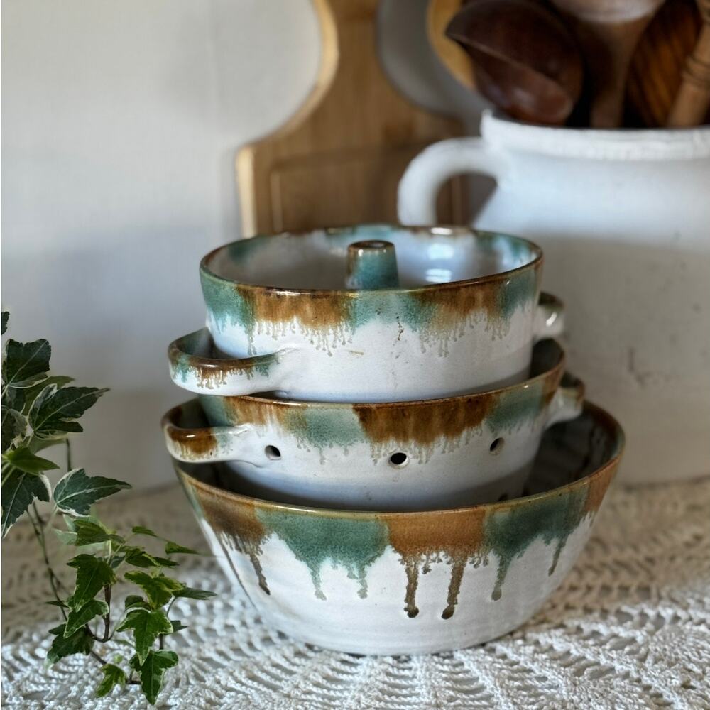 Pottery Nesting Set Rustic Stoneware Bowls Farmhouse Cottage Kitchen Decor